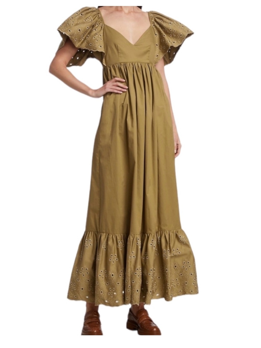 En Saison Size Small Olive Eyelet Maxi with Flutter Sleeves